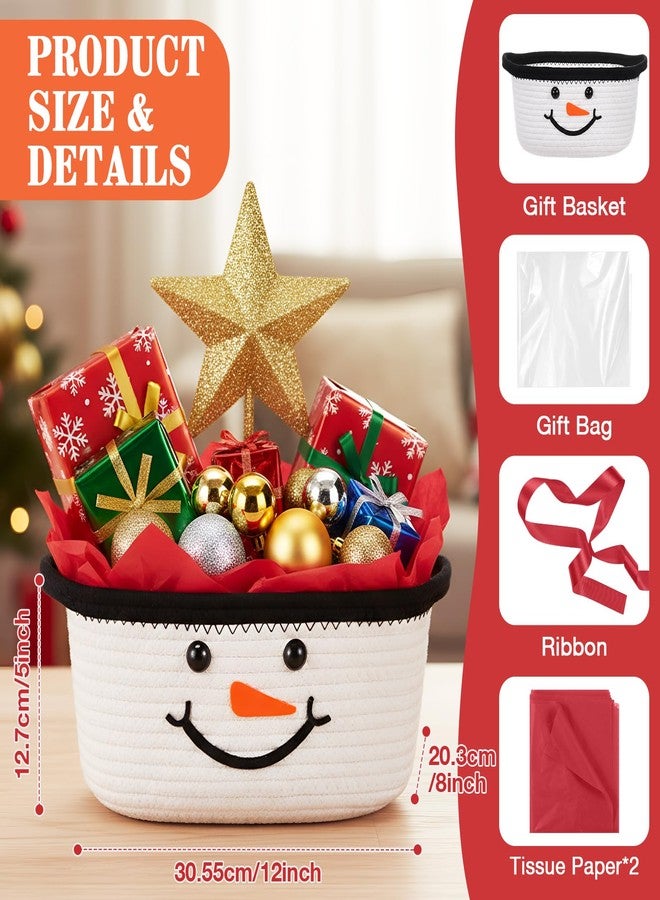 زوبيل سلة زوبيل المنسوجة لعيد الميلاد مع حقيبة هدايا وشريط وورق مناديل أحمر مزين برمز رجل الثلج، سلة تخزين منسوجة فارغة، سلة زينة للعطلات لهدايا عيد الميلاد، 12 × 8 × 5 بوصة - Image 2